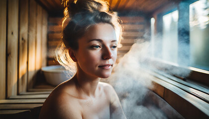 donna sauna benessere  - obrazy, fototapety, plakaty