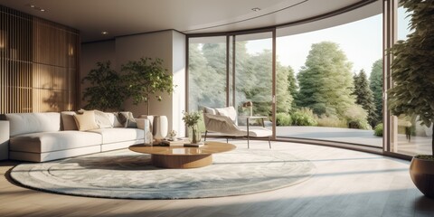 Luxurious interior with a living room sofa, pillows, round table, carpet, kitchen, and glass door entrance to outside.