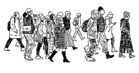 Sketch of crowd casual citizens walking down urban street