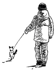 Fototapeta premium Sketch of little boy walking with lap dog outdoors