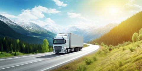  Back View of a Single White Truck on a Road Leading to the Enchanting Mountain Forest in the Spring Wonderland, Inviting Adventure and Exploration in the Serene Landscape