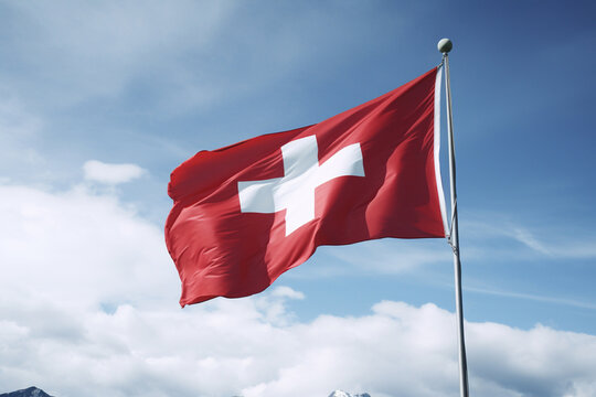 Switzerland Image photo of the national flag, background is blue sky