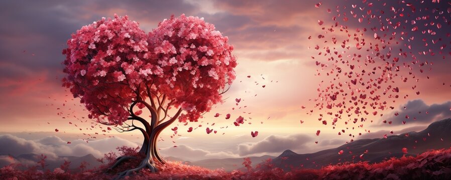 photo of a tree with heart-shaped leaves. nature celebrates love and valentine's day. Heart Tree Love For Nature Red Landscape At Sunset (generated by ia)