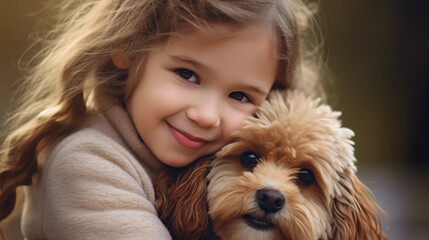 copy space, stockphoto, realistic, National Love Your Pet Day. Little girl hugging her dog. Peaceful scene. Love and friendship between an animal, dog and girl, owner.