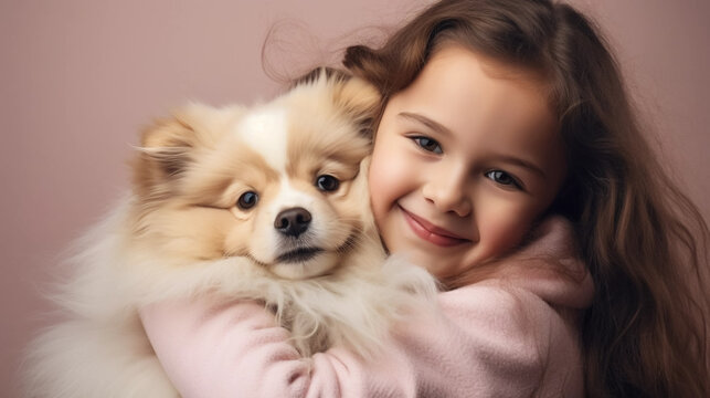 copy space, stockphoto, realistic, National Love Your Pet Day. Little girl hugging her dog. Peaceful scene. Love and friendship between an animal, dog and girl, owner.