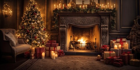 Fototapeta na wymiar Elegant holiday apartments adorned with festive decorations, including a Christmas tree and gifts. Enjoying a cozy evening by the fireplace, illuminated by candlelight and garlands.