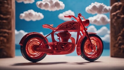 Obraz na płótnie Canvas Multi-dimensional paper kirigami craft of a red bike in a blue sky with clouds.Created with Generative Ai technology