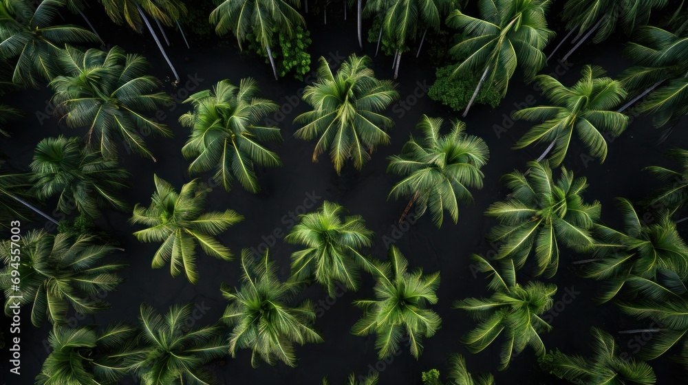 Poster a view of a large group of palm trees from above, ai
