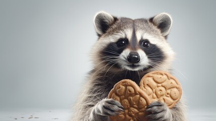 A raccoon caught in the act, holding a cookie with a surprised expression. On light background. With copy space. Cookie Thief. Cute animal. Perfect for snack ads or funny animal images. - obrazy, fototapety, plakaty