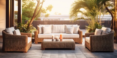 Outdoor wicker furniture set includes cozy sofa, armchairs, pillows, and coffee table. - obrazy, fototapety, plakaty