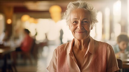 Obraz premium elderly woman smiling while inside a nursing home, copy space, 16:9