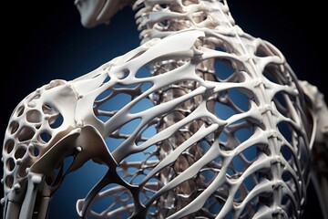 Illustration of man skeleton anatomy on dark background. Skeletal system. Human body bone structure. Ideal for textbooks, medical presentations, educational content, medical brochures, anatomy studies - obrazy, fototapety, plakaty