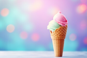 A close-up of a waffle cone with pink and green ice cream scoops against a colorful bokeh background. Ideal for ads, menus, or summer promotions.