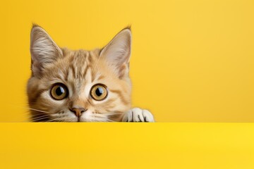 adorable young tabby ginger cat peeking out against a bright yellow background - obrazy, fototapety, plakaty