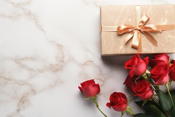 roses and gift box on marble background top view, valentines day floral template with copy space