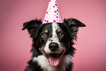 happy adorable dog smiling in a birthday hat on a pink background. Birthday party of celebration funny animal concept