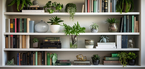 A contemporary bookshelf arrangement featuring a mix of books, decorative items, and vibrant greenery