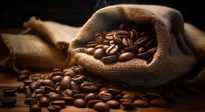 roasted coffee beans spilling from a burlap sack onto a wooden surface, highlighting their glossy texture and deep brown color.