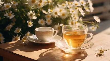 Fototapeta premium tea with chamomile on a wooden table