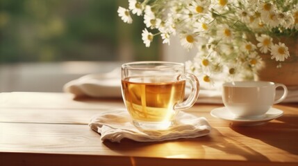 tea with chamomile on a wooden table