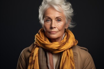 Senior female model in a stylish trench coat and scarf