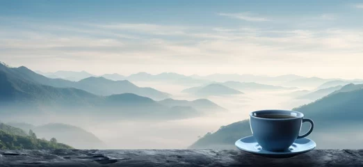 Poster the top of a mountain in the distance is represented by a cup of tea © ArtCookStudio
