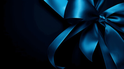 Close up of a blue satin gift ribbon over a black background with elegant sheen