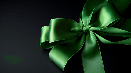 Close up of a green satin gift ribbon over a black background creating a festive mood