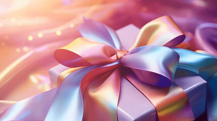 Iridescent gift ribbon in closeup showcasing rainbow colors