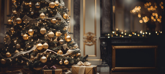 Luxurious christmas tree with velvet ribbons and elegant bokeh light display