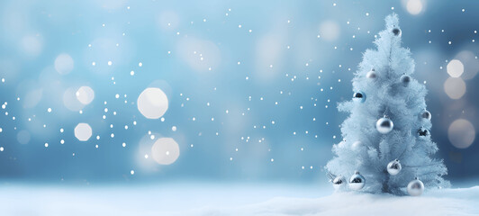 Minimalistic christmas tree with white ornaments and soft blue bokeh light background