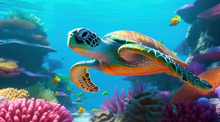 turtle swimming in water with coral