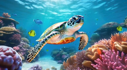 turtle swimming in water with coral