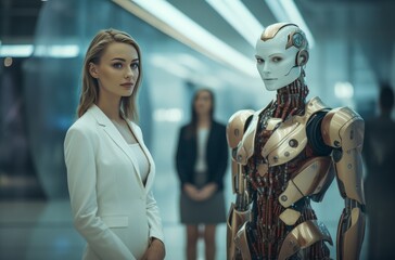 two women stand behind a robotic man