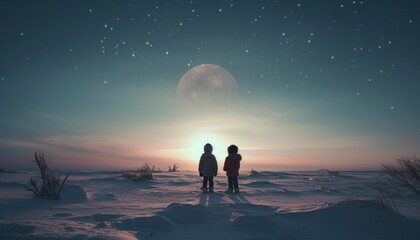 two young boys stand in the snow overlooking a white moon