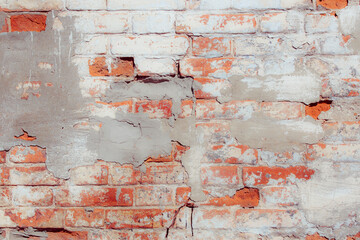 The wall is made of red brick locally painted white. Covered with white plaster. Free space for an inscription. Can be used as a background or poster. Fragment of a wall with bumps and peeling paint.