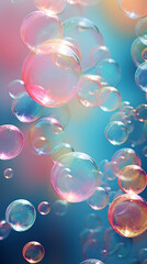 Isolated summer soap bubbles flying on multicolour gradient background, vertical. Generative AI