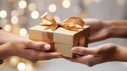 hands holding a gift box with a bow and ribbons, presenting a gift, birthday, new year, christmas, valentine's day, present, boxing day, celebration, congratulation, blurred background, holiday, party
