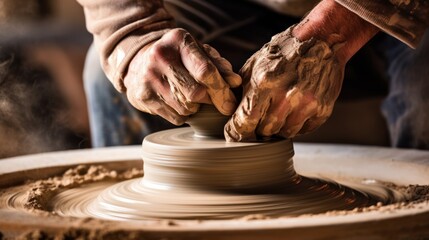 A master potter's hands, marked with clay, carefully create a pottery masterpiece on a wheel in this close-up craft scene.