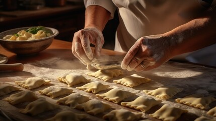 Close-up of hands dusted in flour meticulously crafting ravioli, capturing the culinary artistry of traditional homemade pasta. - obrazy, fototapety, plakaty