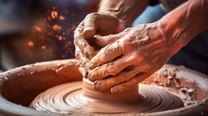 Close-up of a potter's hands covered in clay forming a clay pot on a potter's wheel, highlighting the skill of the pottery. - obrazy, fototapety, plakaty