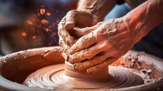 Close-up of a potter's hands covered in clay forming a clay pot on a potter's wheel, highlighting the skill of the pottery.