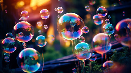 Beautiful floating soap bubbles on a natural abstract multicolor background, summer day playground. Generative AI - obrazy, fototapety, plakaty
