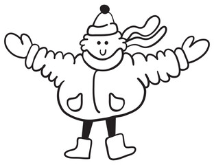 character in winter clothes in doodle style in vector. Template for postcard illustration poster sticker