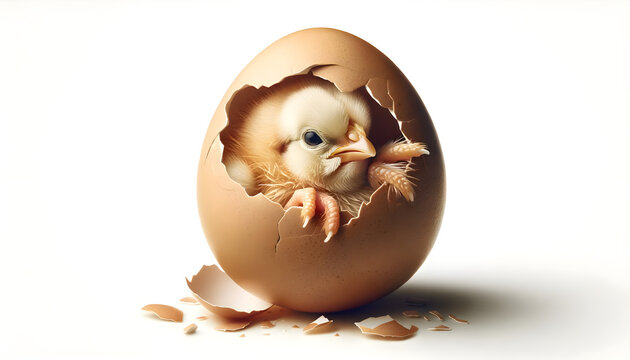 Poussin sorti de la coquille sur fond blanc