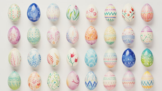 illustration of watercolor painted easter eggs in four rows against white background