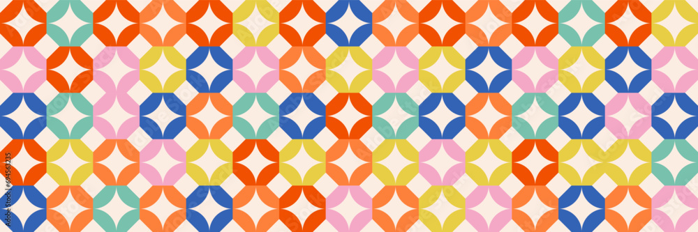 Poster  Geometric seamless pattern in bauhaus style. Naive colorful abstract shapes background. Vector isolated illustration for poster, cover artwork, background, packing, banner.