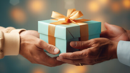 hands holding a gift box with a bow and ribbons, presenting a gift, birthday, new year, christmas, valentine's day, present, boxing day, celebration, congratulation, blurred background, holiday, party