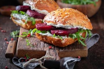Delicious and fresh sandwich with beetroot and cottage cheese.