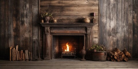 Vintage room with aged wooden boards and fireplace.